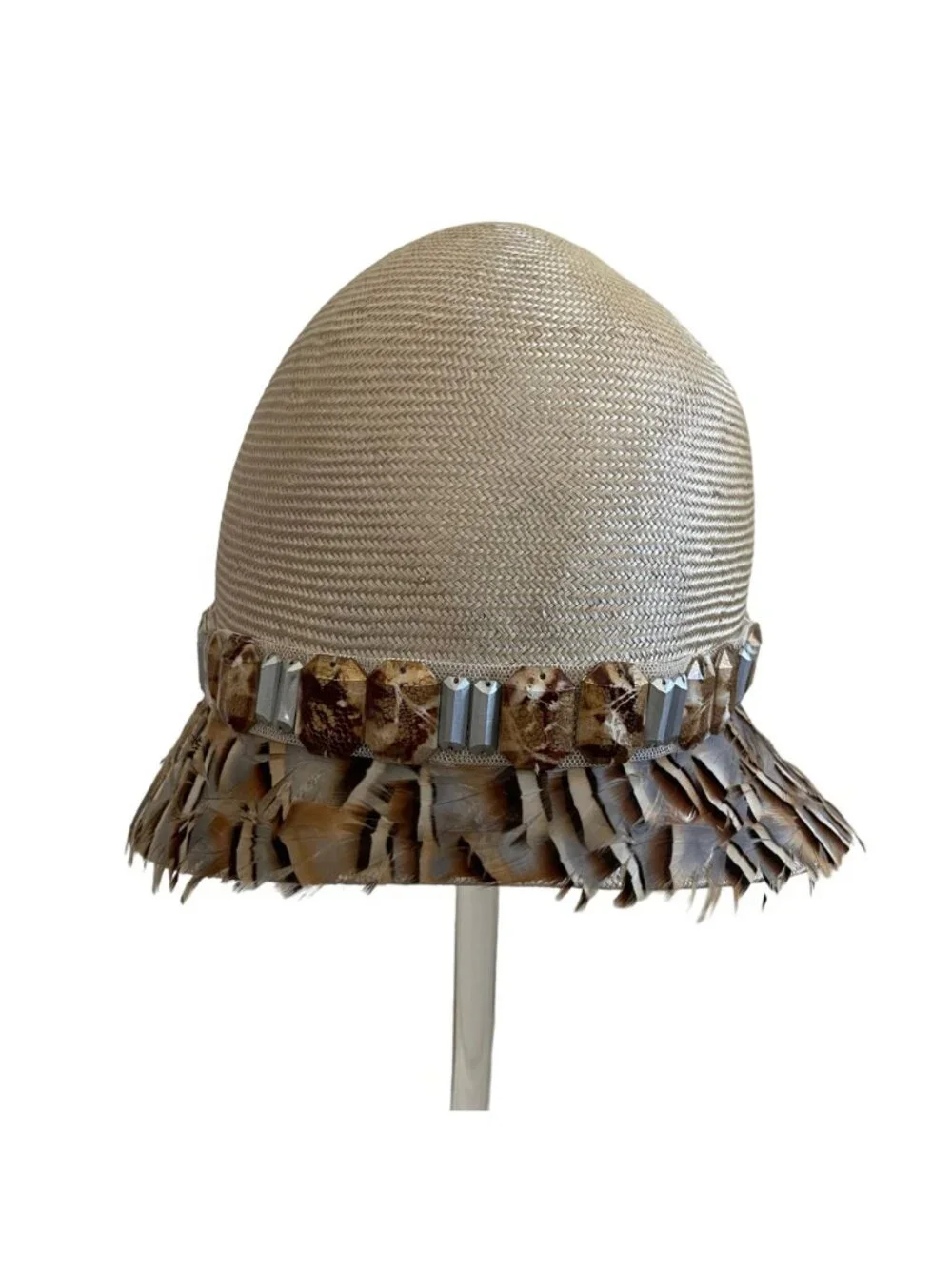 Louise Green Feathered Cloche Hat With Beaded Trim Made In USA